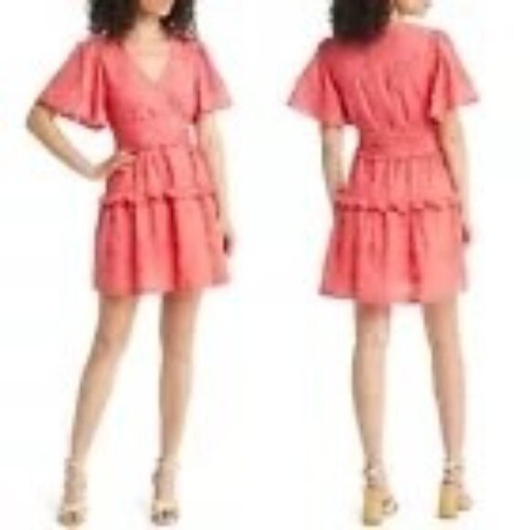 BTFL-life Floral Embroidered V-Neck Dress With Ruffles Flutter Sleeve NWT Sz M - Picture 2 of 15